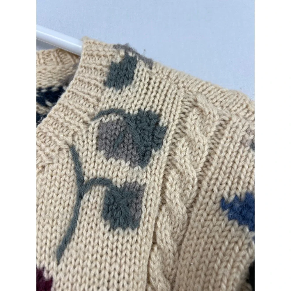 Talbots Cardigan Sweater Women Petite P Beige Floral Hand Knit 100% Wool Cable